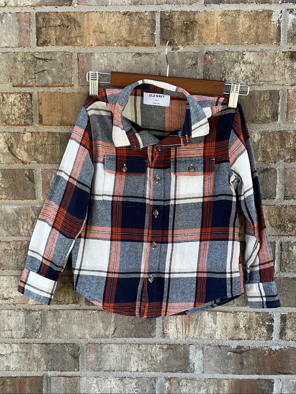 Take 50% OFF- Old Navy Boys Navy, Rust & Cream Plaid Button-Down Shirt,Size-6